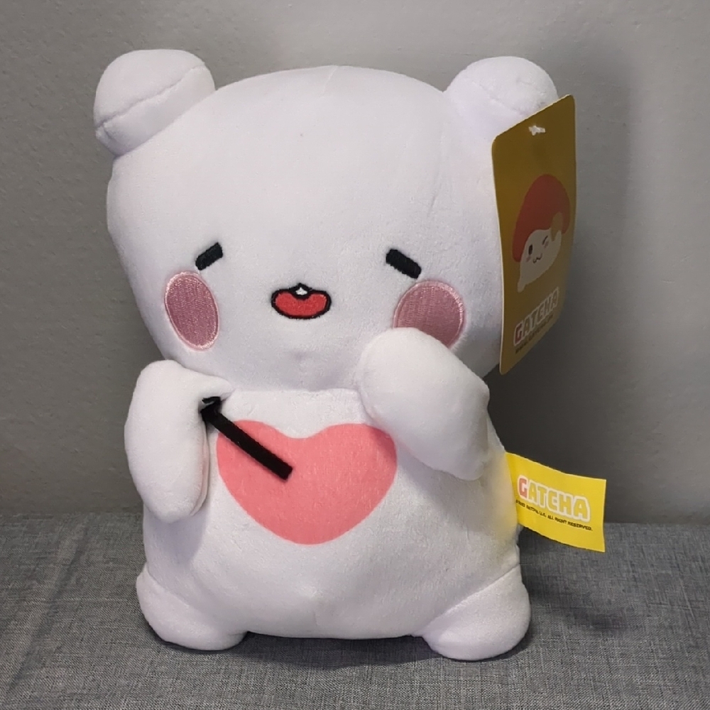 Gatcha Clawcade Edition Teddy. 8 Inches. White and Pink Plush Toy